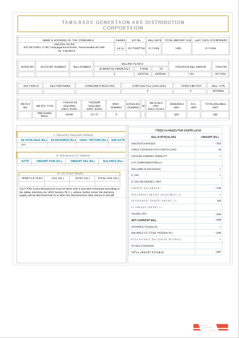INDIA TAMILNADU business utility bill Word and PDF template PSD template